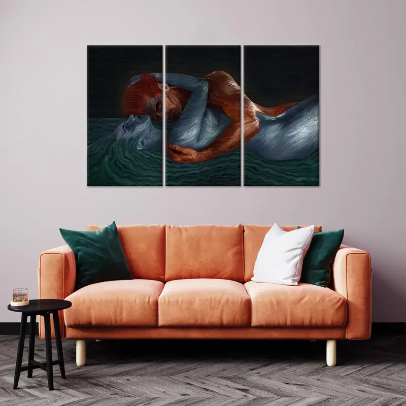 Sarılıyor çift sanat, çift tuval, yatak odası sanat dekoru, erotik duvar sanatı, şehvetli tuval sanatı, ateş ve su, modern sanat dekoru, duvar sanatı dekoru - 2