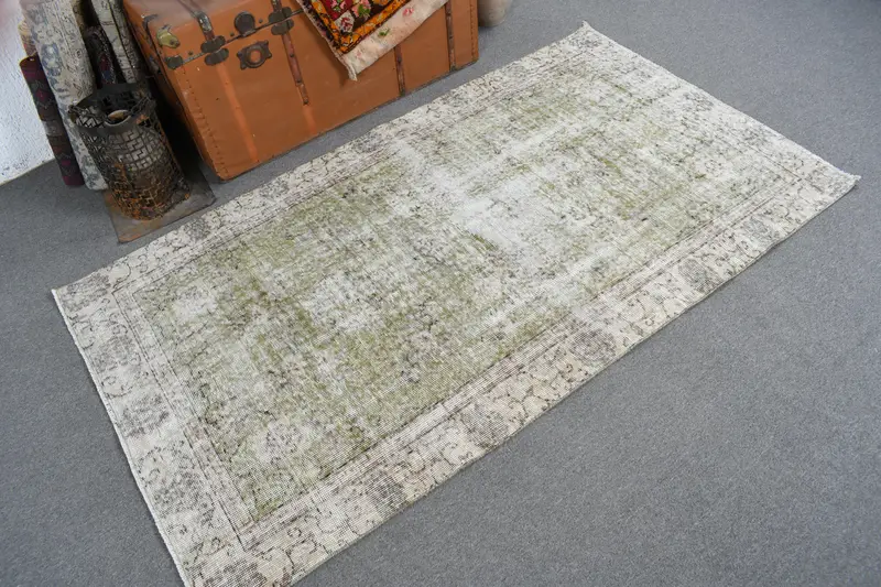 Turkish 3.5x6.3 ft Rug, Accent Vintage Rug, Green White Abstract Wool Rug - 1