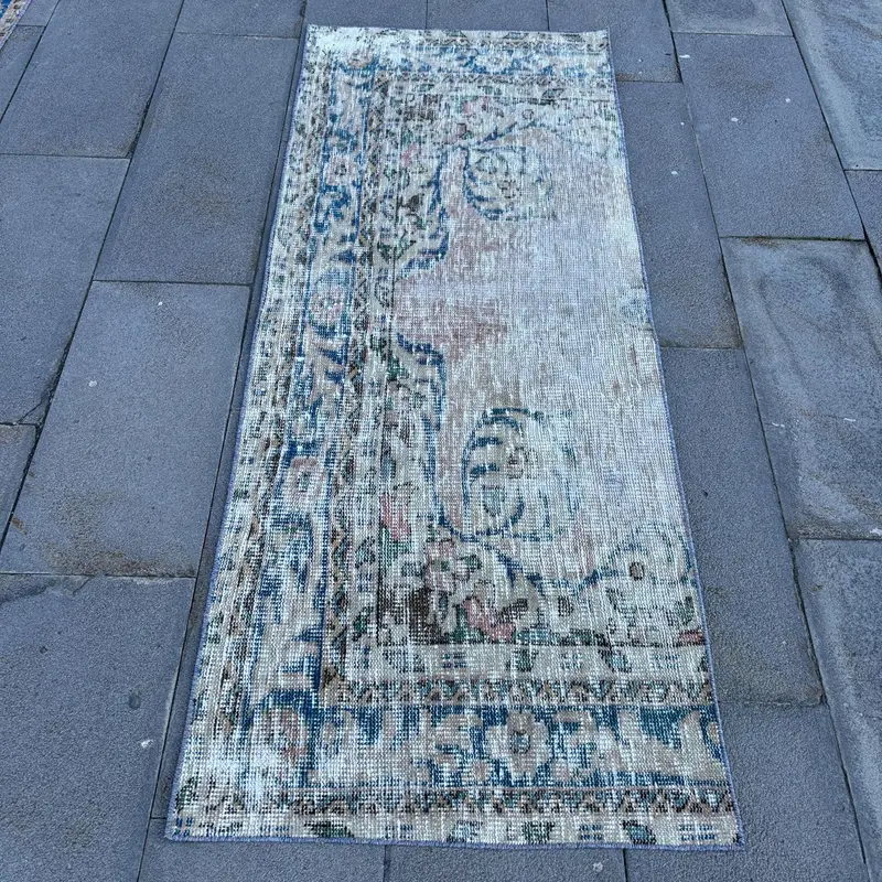 Turkish Vintage Rug, 2.4x6 ft Oushak Rug, Blue White Floral Wool Rug - 1