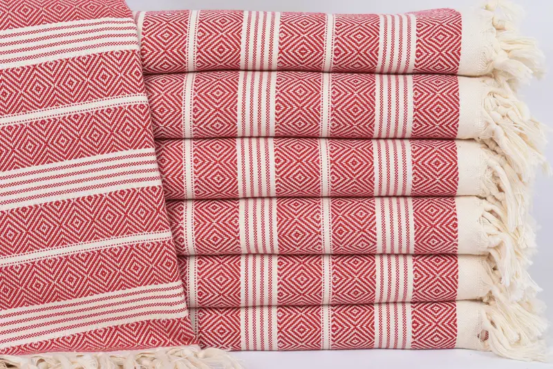 Turkish Towel, Red Diamond Pattern Organic Cotton Bath Towel, 69x38 Inches