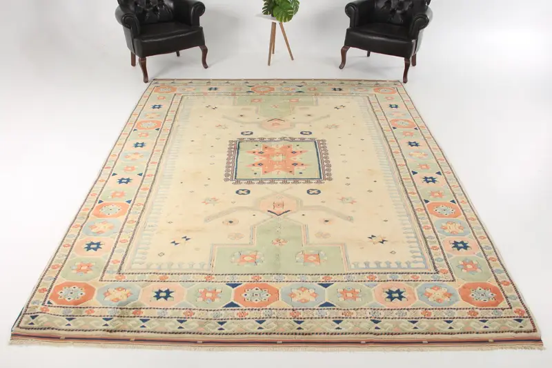Türkischer Vintage-Übergröße-Teppich 8,2 x 10,1 Fuß, blau-orange abstrakter Wollteppich - 1