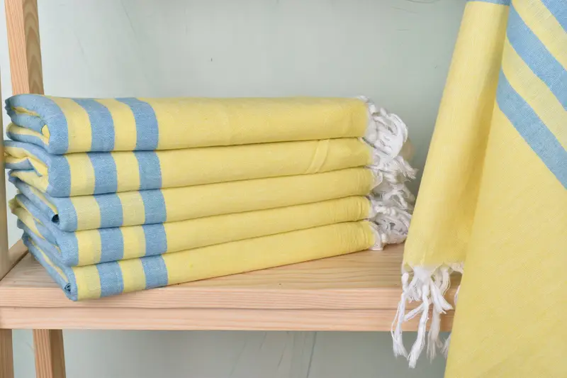Custom Turkish Towel Blue-Yellow Striped Embroidered Towel, 36x71 Inches