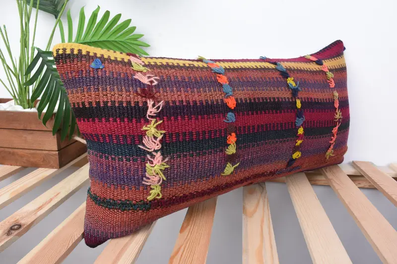Cushion Case, Bench Pillow Case, Farmhouse Pillow Sham, Vintage Pillow, Antique Pillows, Turkish Kilim Pillow, Bench Cushion, 12x24 Red Pillow - 5