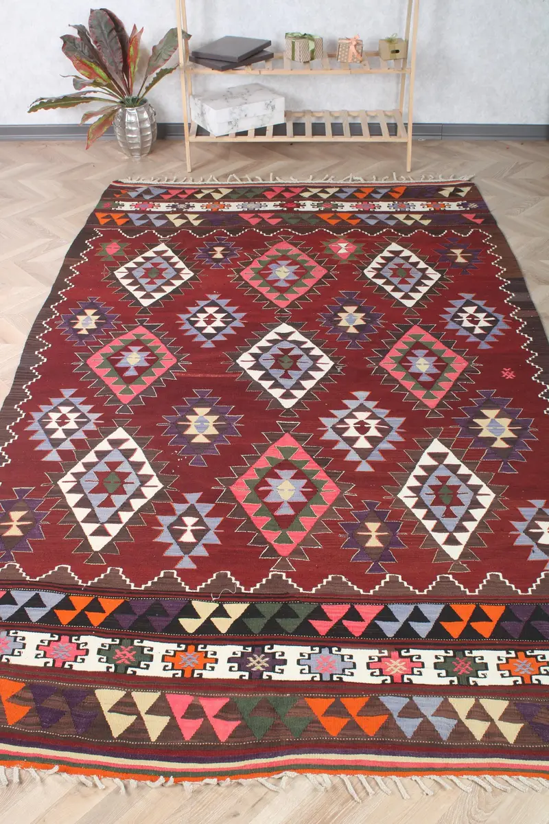 Türk Vintage Halı 5.6x9.4 ft (170x288 cm), Kilim Kırmızı Ombré Halı - 1