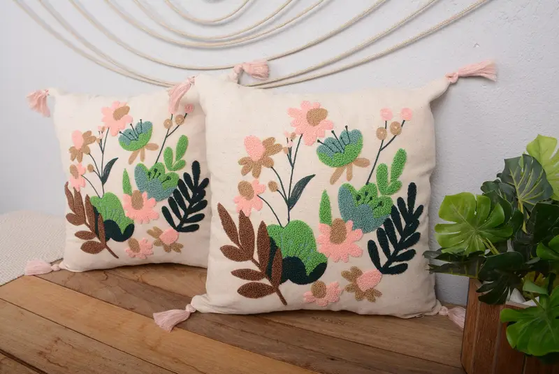 Handgefertigtes südwestlich besticktes Kissen, quadratisches Vintage-Wurfkissen