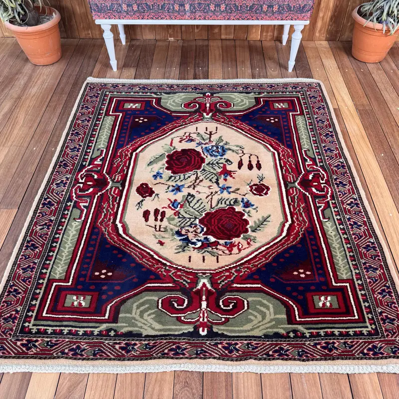 4.8x5.5 ft Rug, Vintage Turkish Area Rug, Red Oushak Wool Rug - 1