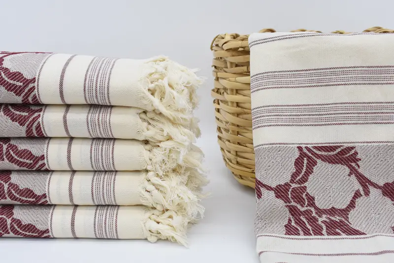 Bridal Towel Personalized Turkish Linen Burgundy-Beige Daisy, 70x40 Inches