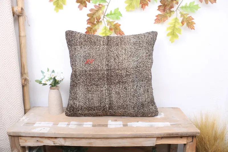Aesthetic Pillow Sham, Turkish Kilim Pillow, Cotton Cushion, Antique Pillows, 18x18 Brown Pillow Case, Interior Designer Pillow, Cushion Case - 1