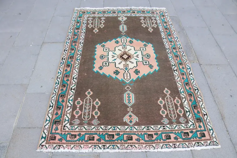 4x5.8 ft Accent Vintage Rug, Brown Moroccan Turkish Rug - 1