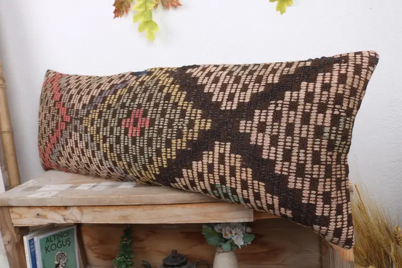 Turkish Kilim Pillow, Kilim Pillow, Muted Pillow Cover, Home Decor Pillow, 12x36 Beige Cushion, Turkish Bench Pillow Sham, Pillow Sham - 4