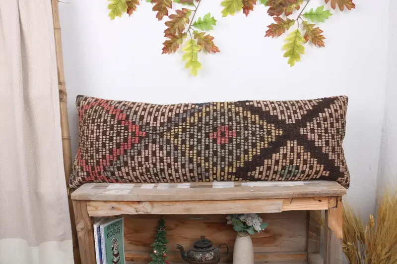 Turkish Kilim Pillow, Kilim Pillow, Muted Pillow Cover, Home Decor Pillow, 12x36 Beige Cushion, Turkish Bench Pillow Sham, Pillow Sham - 1