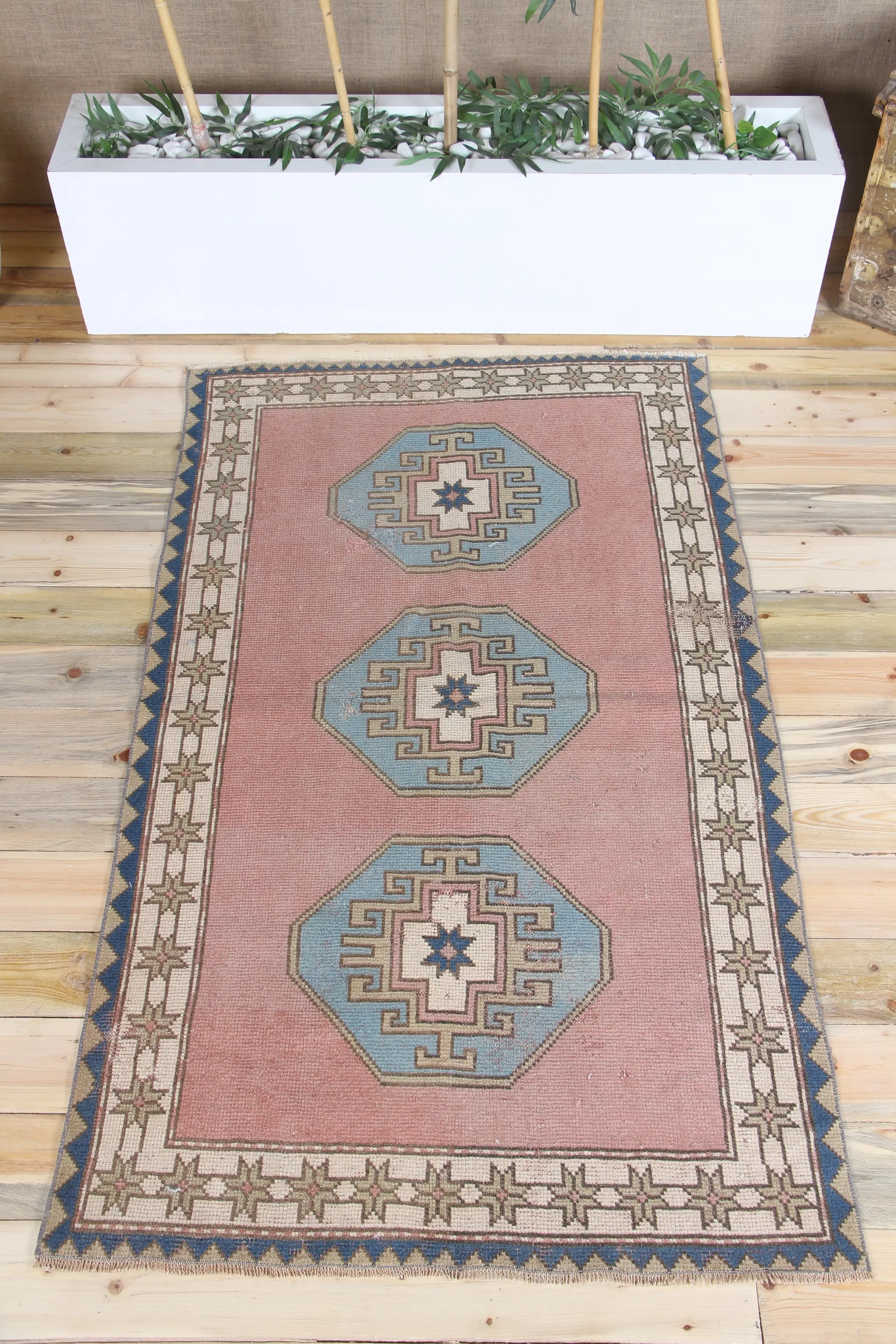 Vintage Accent Rug 3.5x6.2 ft, Turkish Oushak Blue Geometric Rug - 1