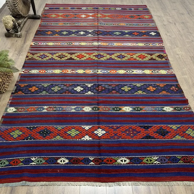 Purple & Red Striped Rug, 6.3x10.8 ft Geometric Design