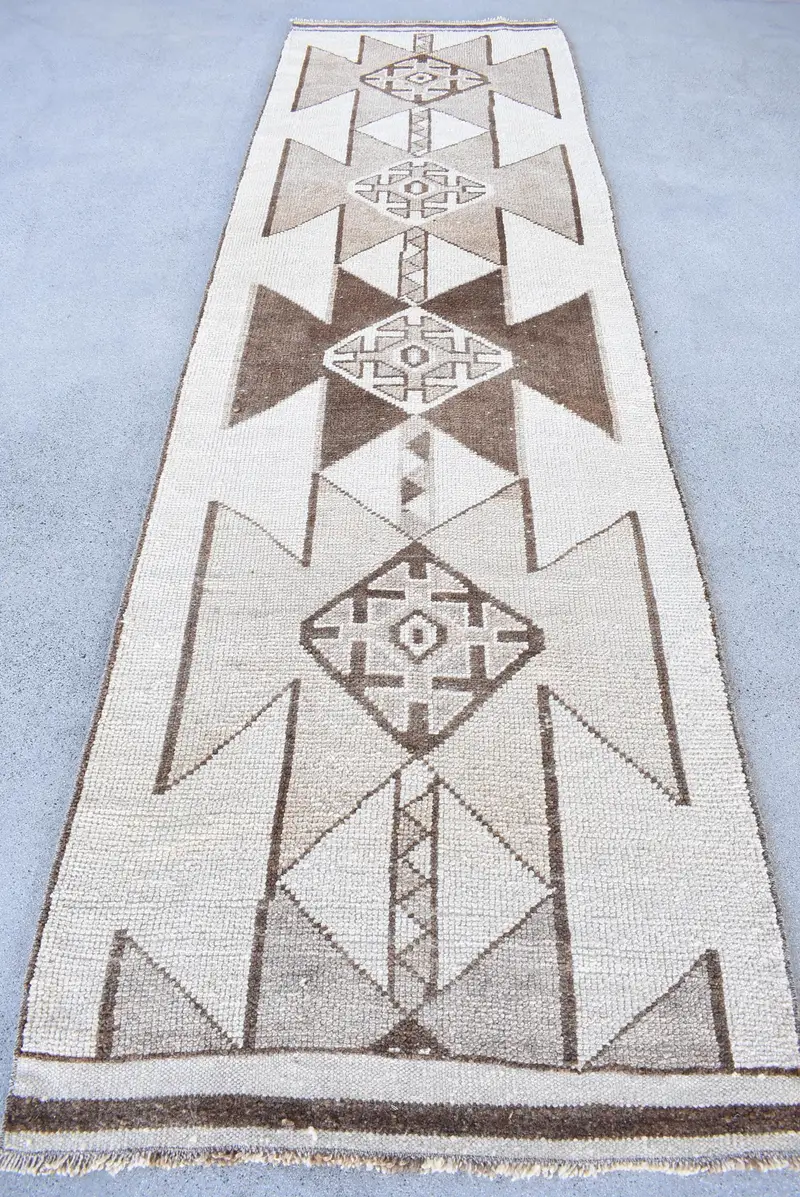 Turkish 3x10.9 ft Rug, Vintage Runner Rug, Beige Moroccan Rug - 1