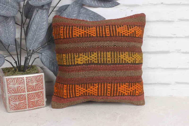 Cushion, Art Deco Cushion Cover, Kilim Pillow, Pillow for Couch, Kilim Pillow Cover, Nautical Throw Pillow Case, 12x12 Orange Pillow Case - 1