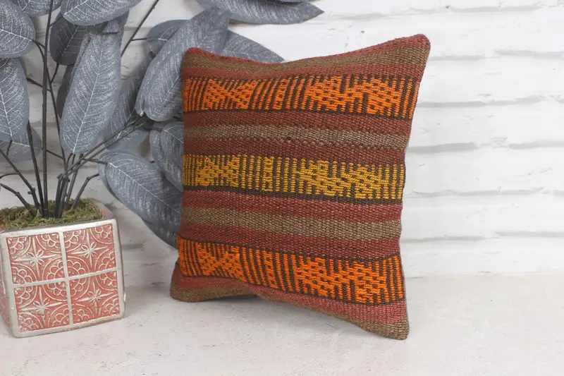 Cushion, Art Deco Cushion Cover, Kilim Pillow, Pillow for Couch, Kilim Pillow Cover, Nautical Throw Pillow Case, 12x12 Orange Pillow Case - 3