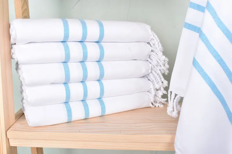 Embroidered Beach Towel Turquoise Striped, Organic Cotton/Linen, 40x71 Inches