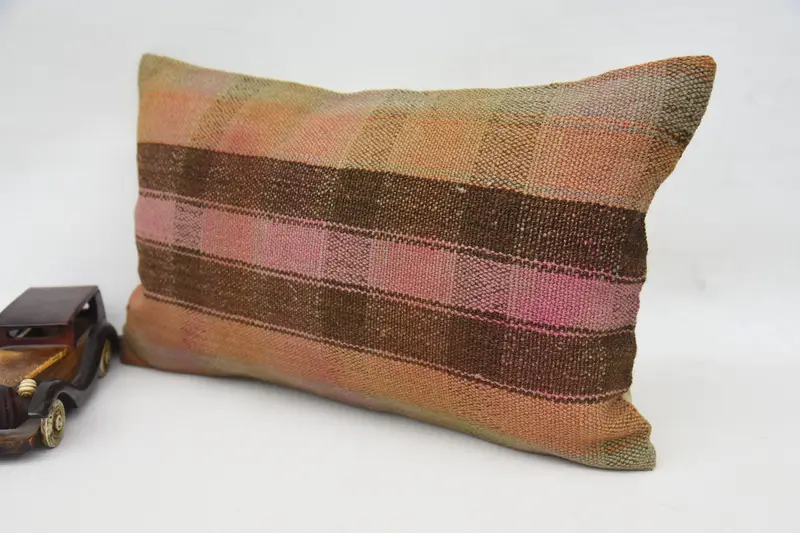 Vintage Kilim Pillow, Cotton Pillow Sham, Handwoven Pillow Case, Pillow Sham, Turkish Pillow, Gift Pillow, Boho Chic Pillow, 12x20 Brown Pillow Sham - 3