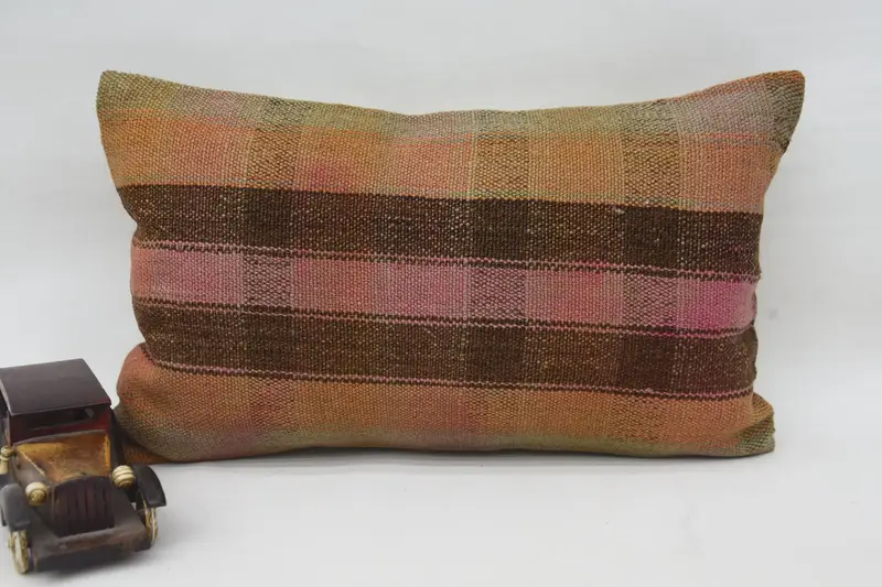 Vintage Kilim Pillow, Cotton Pillow Sham, Handwoven Pillow Case, Pillow Sham, Turkish Pillow, Gift Pillow, Boho Chic Pillow, 12x20 Brown Pillow Sham - 4