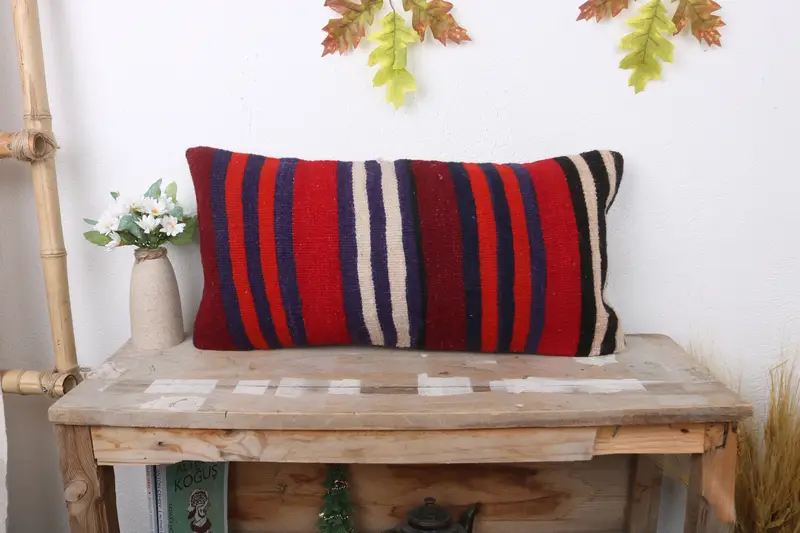 Vintage Kilim Throw Pillow, Pillow Cover, Decorative Pillow, Handmade Kilim Cushion, Outdoor Bolster Pillow, 12x24 Orange Pillow Case, Kilim Pillow - 1