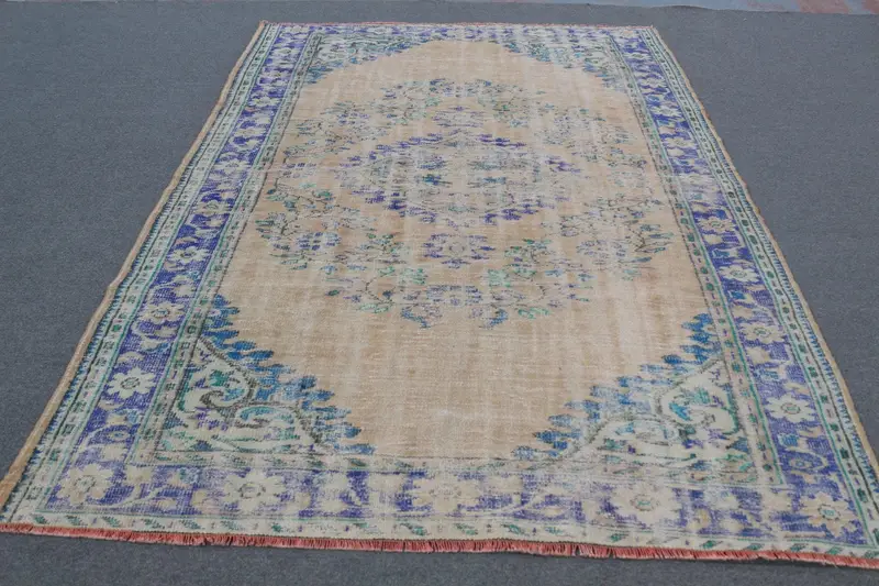 鮮やかな6.2x8.9フィートのラグ、イカットパターン、オレンジ&ブルー