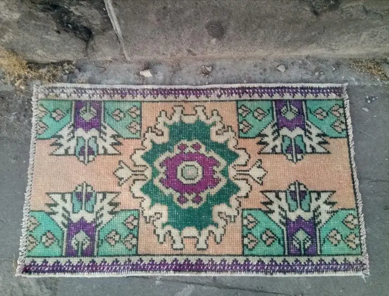 Turkish Oushak Small Rug 1.6x2.7 ft (50x82 cm), Vintage Purple Floral Wool Rug - 1