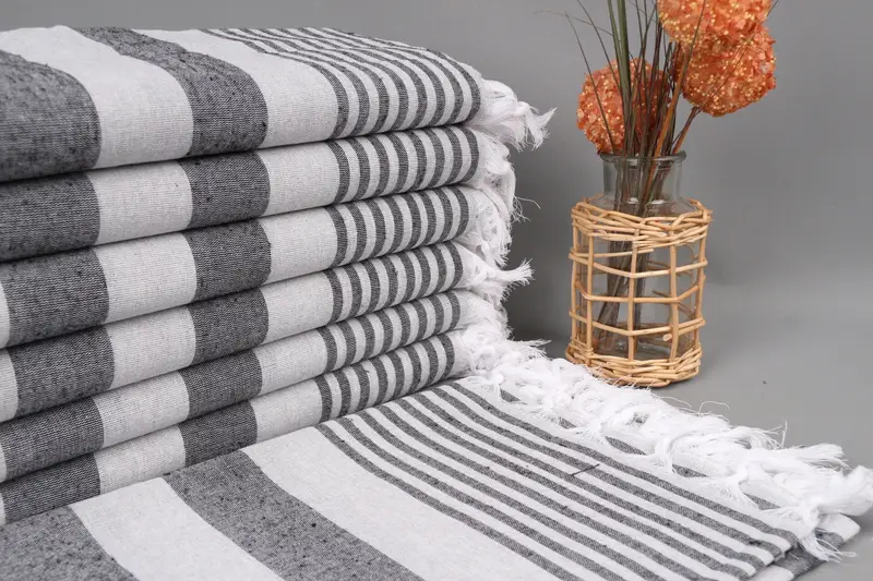 Personalized Turkish Beach Towel Black-Gray Striped, 36x67 Inches