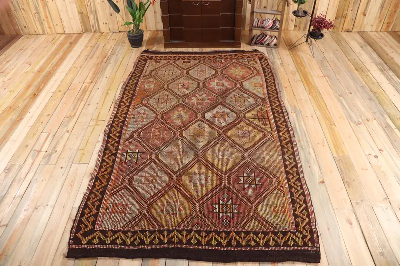 5.3x9.1 ft Rug, Turkish Vintage Rug, Brown Check Wool Rug - 1