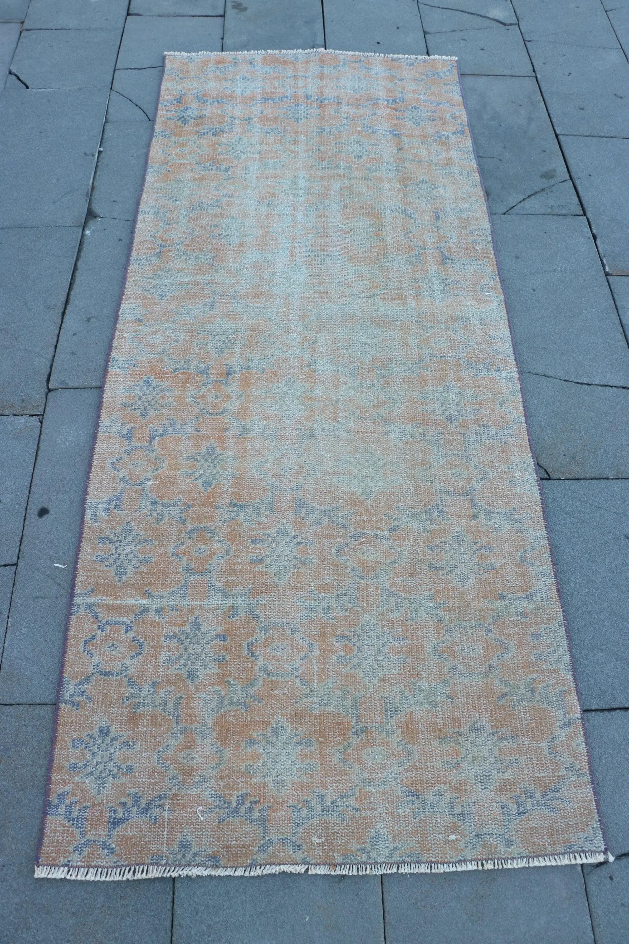 Vintage Rug, Accent 2.8x6.8 ft Turkish Rug, Brown Blue Ikat Wool Rug - 1