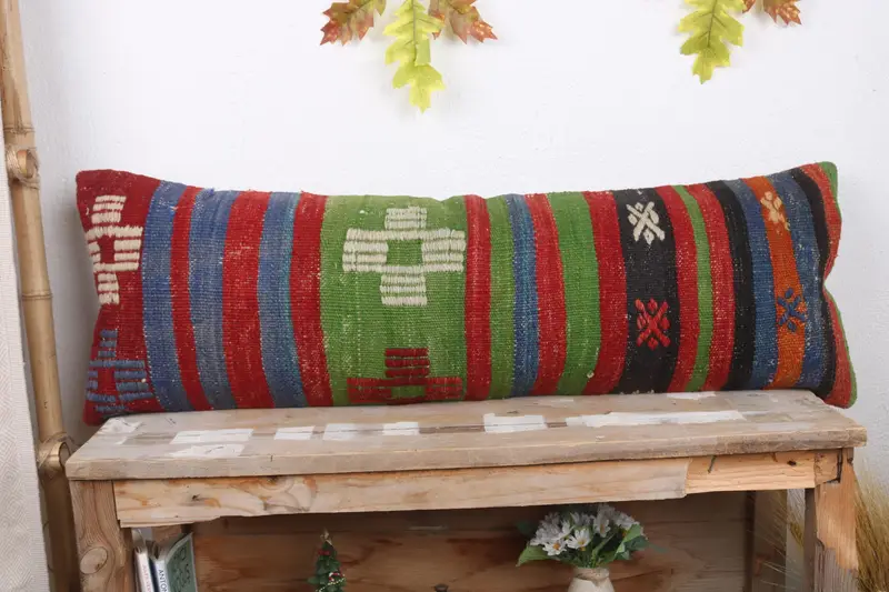 Turkish Pillow, Vintage Kilim Pillow, Boho Pillow, 12x36 Red Pillow Case, Retro Pillow Case, Bolster Cushion Cover, Pillow Sham - 2