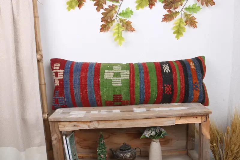 Turkish Pillow, Vintage Kilim Pillow, Boho Pillow, 12x36 Red Pillow Case, Retro Pillow Case, Bolster Cushion Cover, Pillow Sham - 1