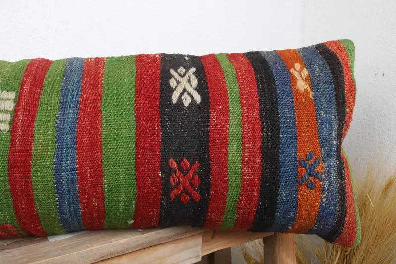 Turkish Pillow, Vintage Kilim Pillow, Boho Pillow, 12x36 Red Pillow Case, Retro Pillow Case, Bolster Cushion Cover, Pillow Sham - 5