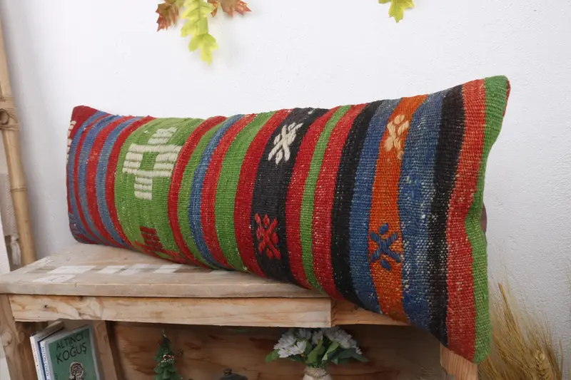 Turkish Pillow, Vintage Kilim Pillow, Boho Pillow, 12x36 Red Pillow Case, Retro Pillow Case, Bolster Cushion Cover, Pillow Sham - 4