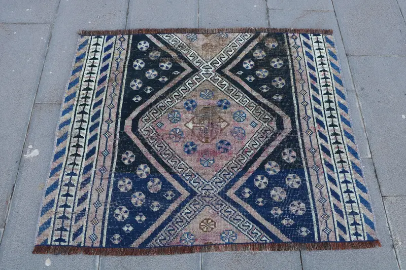 Vintage Rug, Small 3.5x2.8 ft Rug, Oushak Blue Oriental Rug - 1