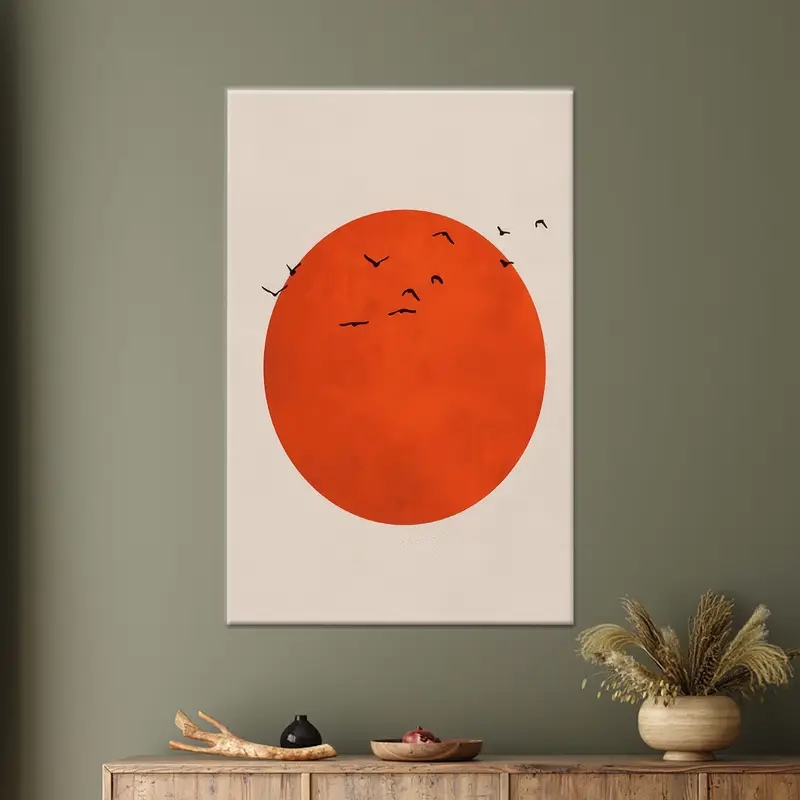 Minimal Boho Turuncu Soyut Kuşlar Baskılı Kanvas Tablo