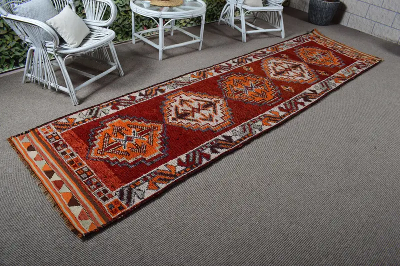 3.1x11.5 ft Türk Yolluk Halısı, Kırmızı Turuncu Vintage Bordürlü Yün Halı - 1