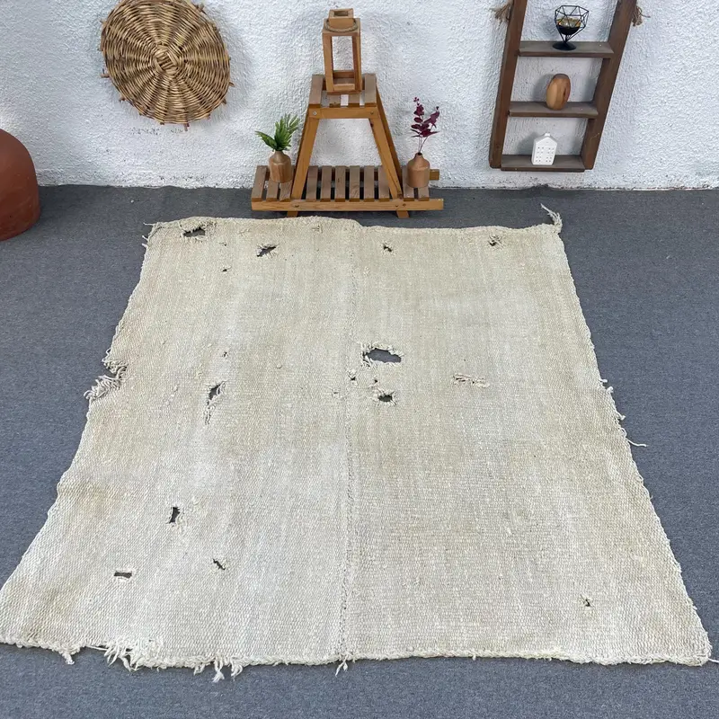 5,3x5,6 ft Beige Patchwork Rug, Elegant Home Decor