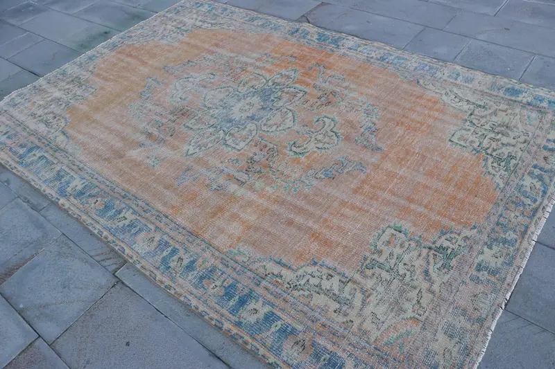Turkish Vintage Rug, 5.6x8.6 ft Oushak Rug, Orange Blue Abstract Rug - 1