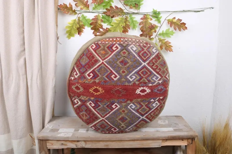 Rectangular Red Pouf, Kilim-Inspired Wool Ottoman with Foam Filling