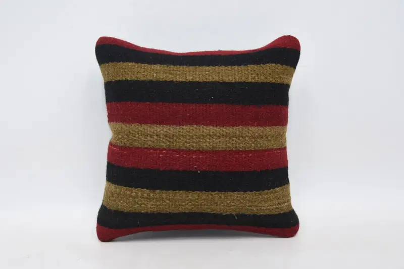 Striped Turkish Pillow, 12x12 cm Brown Cushion Case, Small Square Moroccan Euro Sham - 1