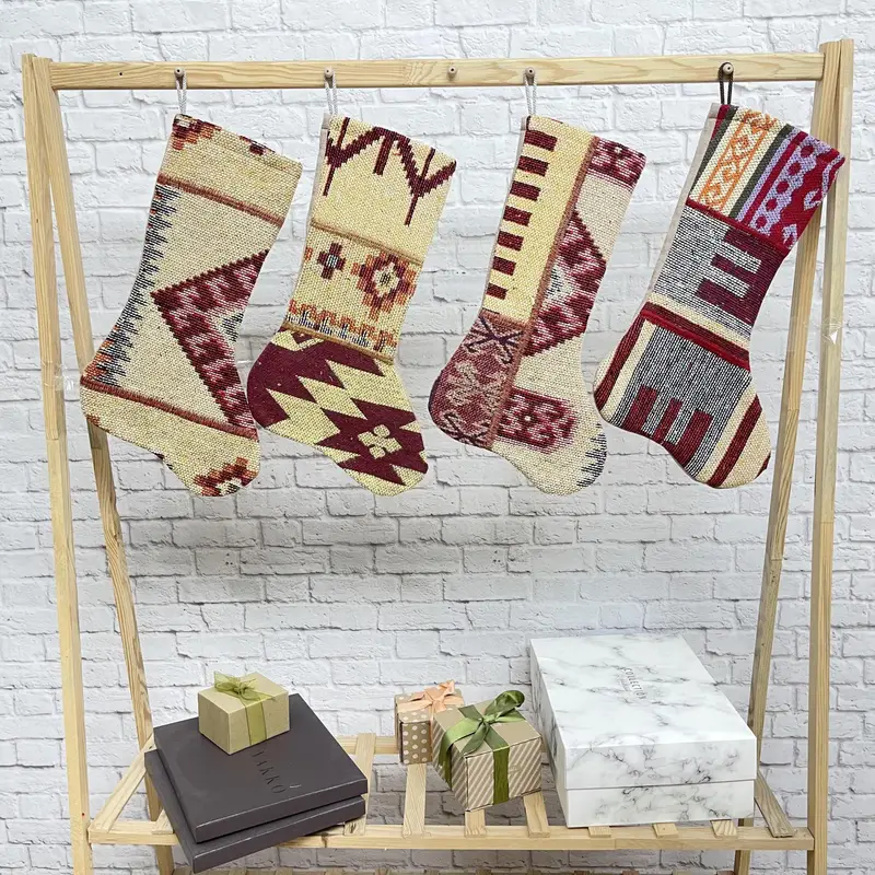 Red & Beige Christmas Ornaments Stocking, Festive Cotton Stocking