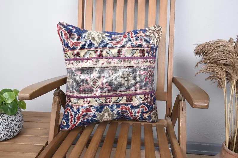 Patio Cushion Case, Turkish Pillow, Traditional Cushion, 18x18 Blue Cushion Cover, Ethnical Kilim Rug Pillow, Cushion Case, Pillow for Couch - 1