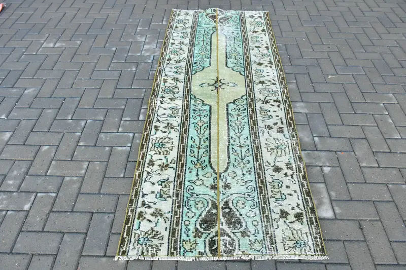 Vintage Runner Halı, 2.9x7.4 ft Türk Halısı, Mavi Patchwork Yün Halı - 1