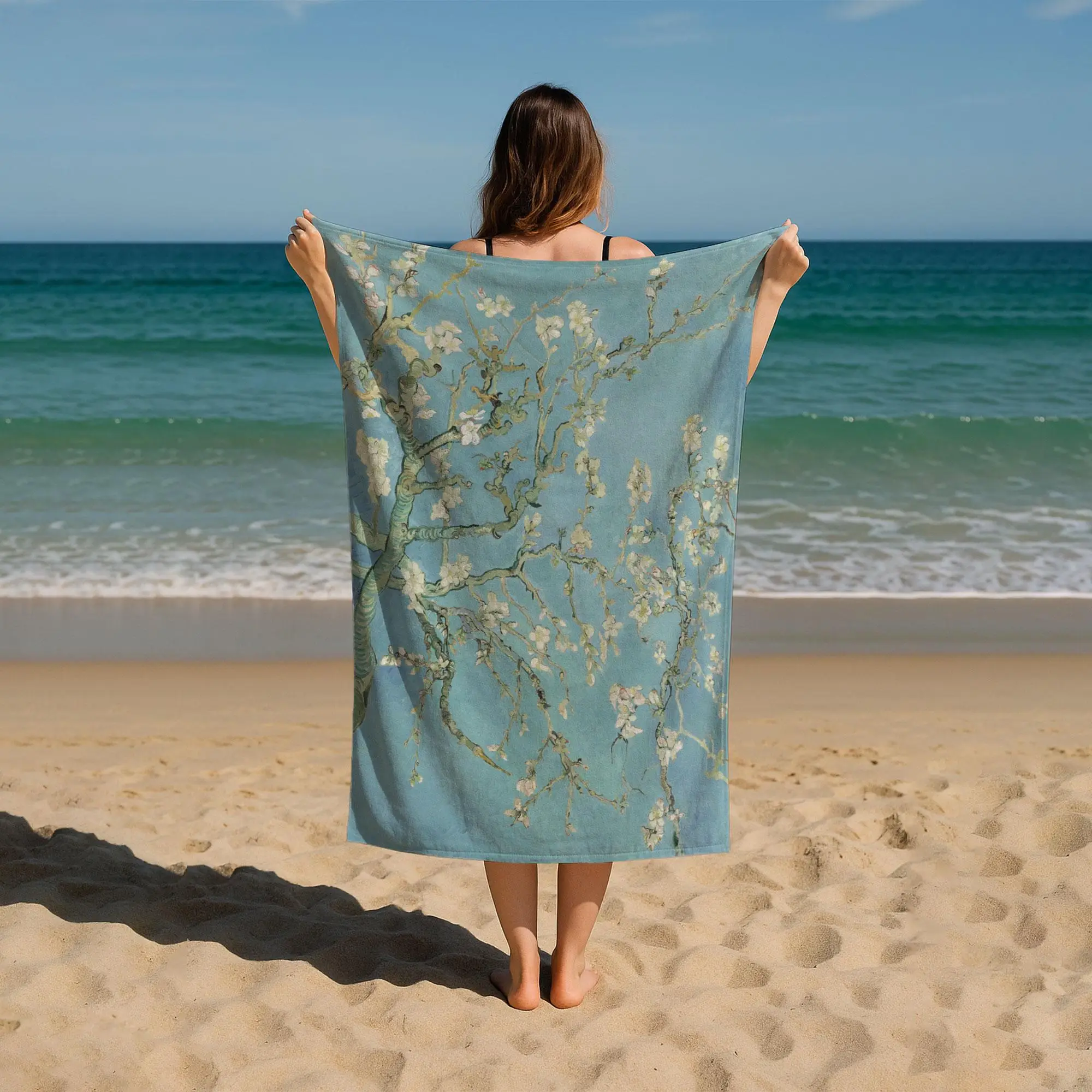 Blossoming Almond Tree Beach Towel Blue Personalized, 28x53 Inches - 1