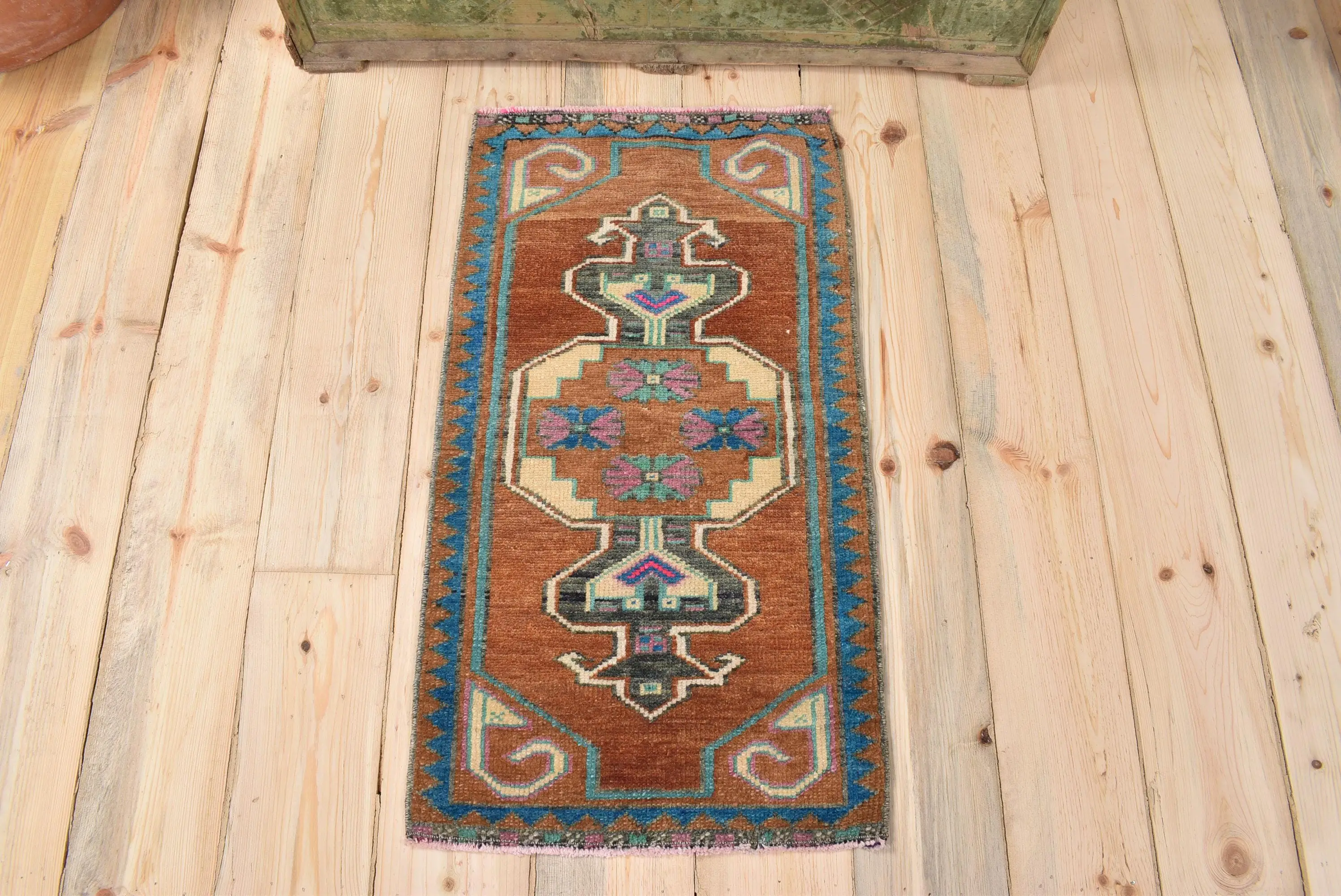 Vintage Turkish Rug 1.4x2.7 ft (44x83 cm), Brown Abstract Wool Rug - 1
