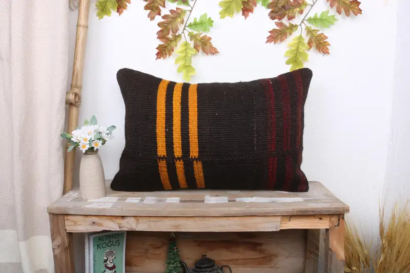 Braun & Orange gestreiftes Kissen, 16x24 handgemachtes Kissen