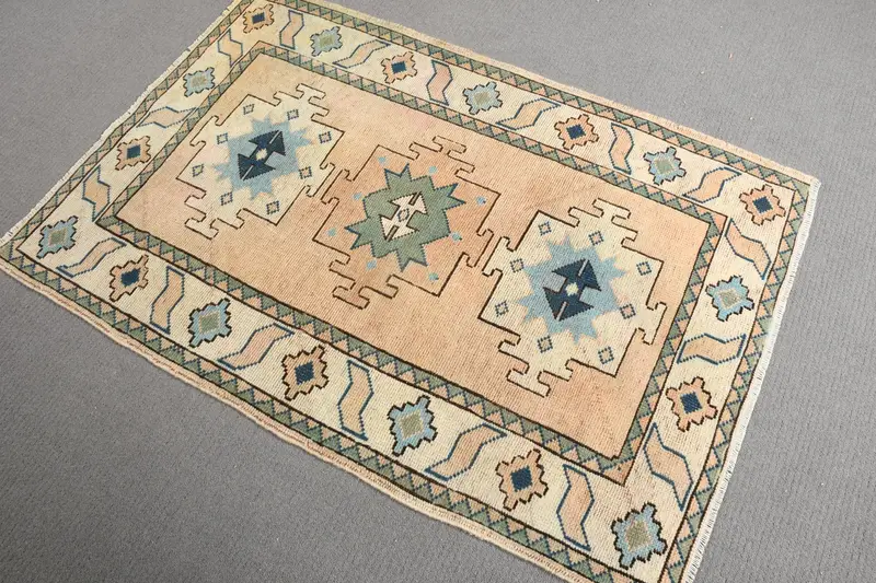 Turkish Vintage Oushak Rug 3.1x4.7 ft, Blue Small Floral Wool Rug - 1