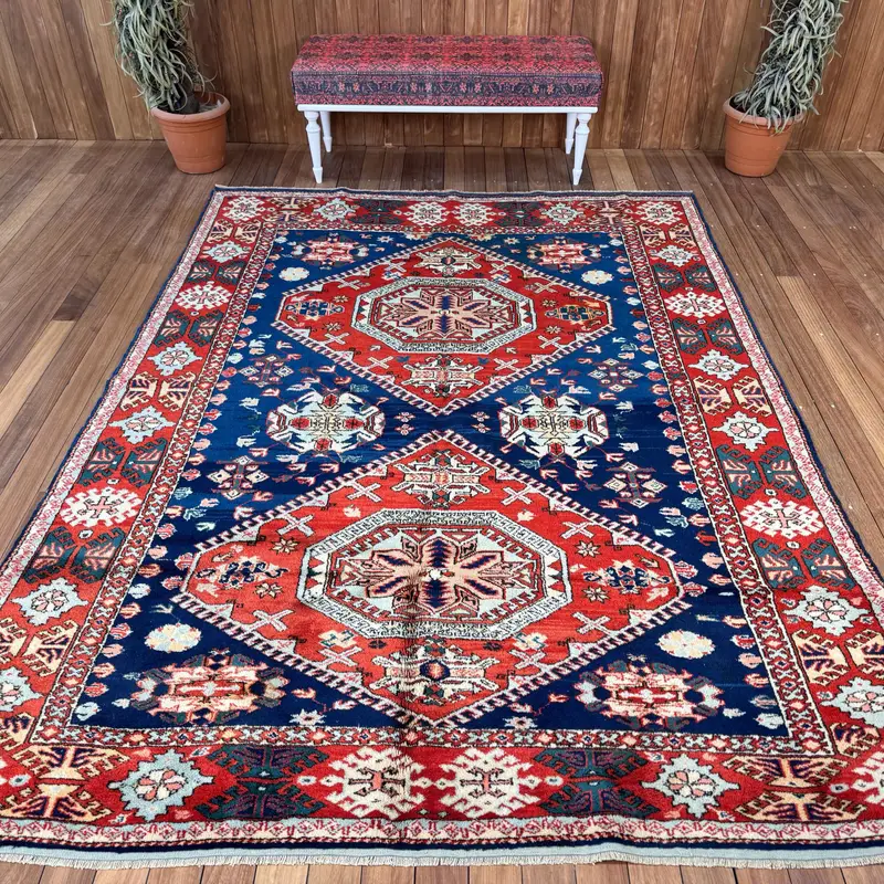 Turkish Vintage Rug, 6.9x9 ft Large Rug, Red Oushak Patchwork Rug - 1