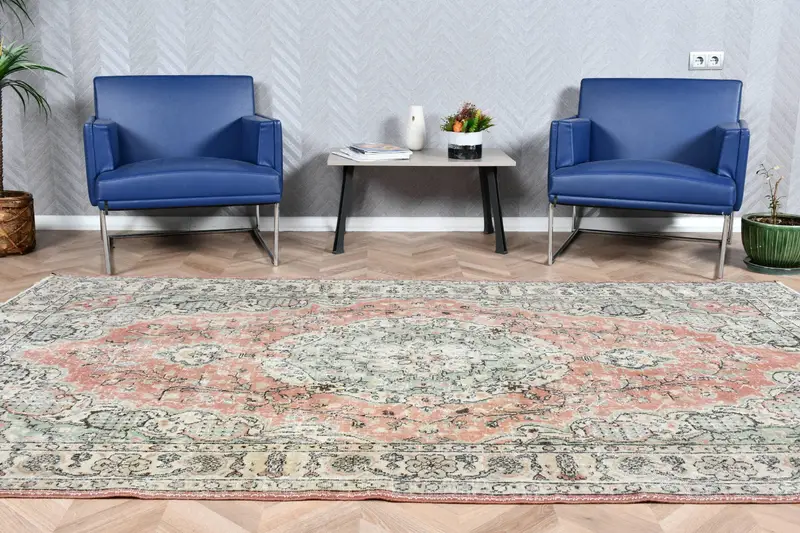 5,6x9,4 ft Teppich, türkischer Vintage Teppich, rot grüner Ikat Wollteppich - 1