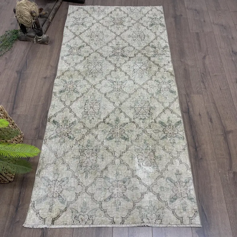 Turkish Vintage Rug, 2.8x6 ft Oushak Rug, Gray Floral Wool Rug - 1